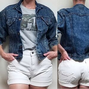 VINTAGE 80s Levi's Dark Wash Acid Cropped Tapered Punk Rock Denim Trucker Jacket